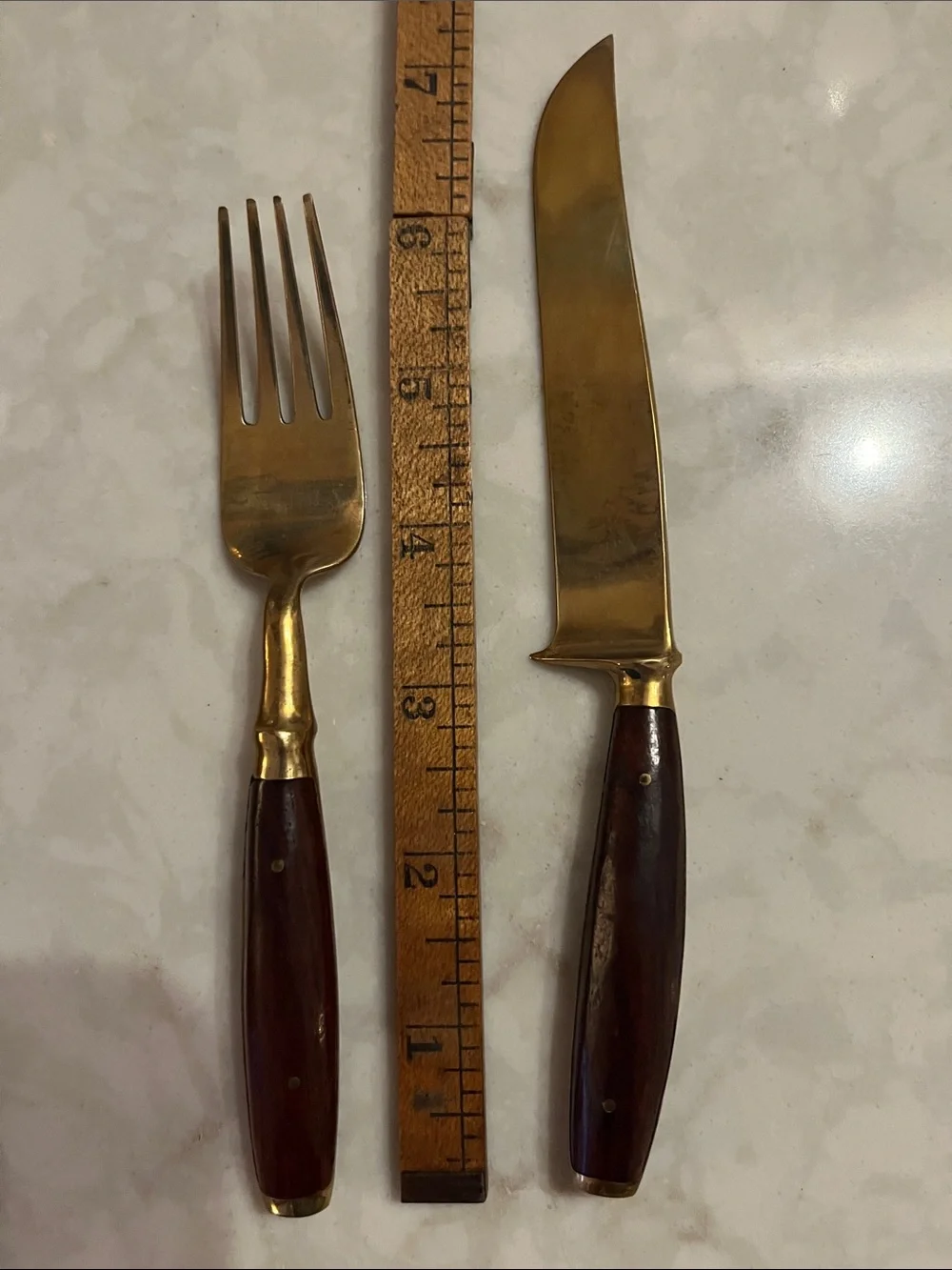 Vintage brass flatware 29 pieces rosewood handles.  Wood  handled chest Bangkok